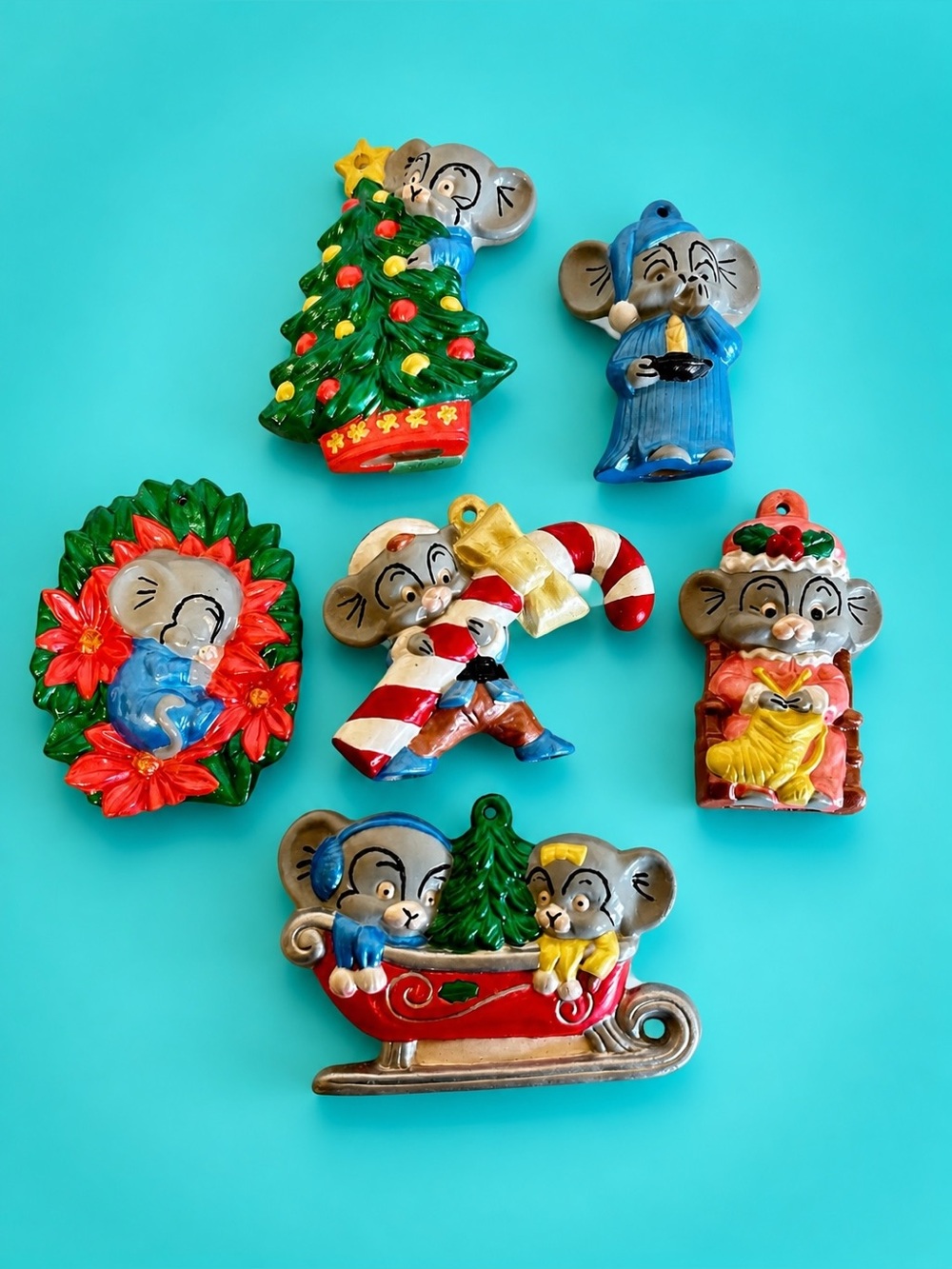 Vintage 1970s Handcrafted Painted Ceramic Mice Christmas Ornament Lot of 6